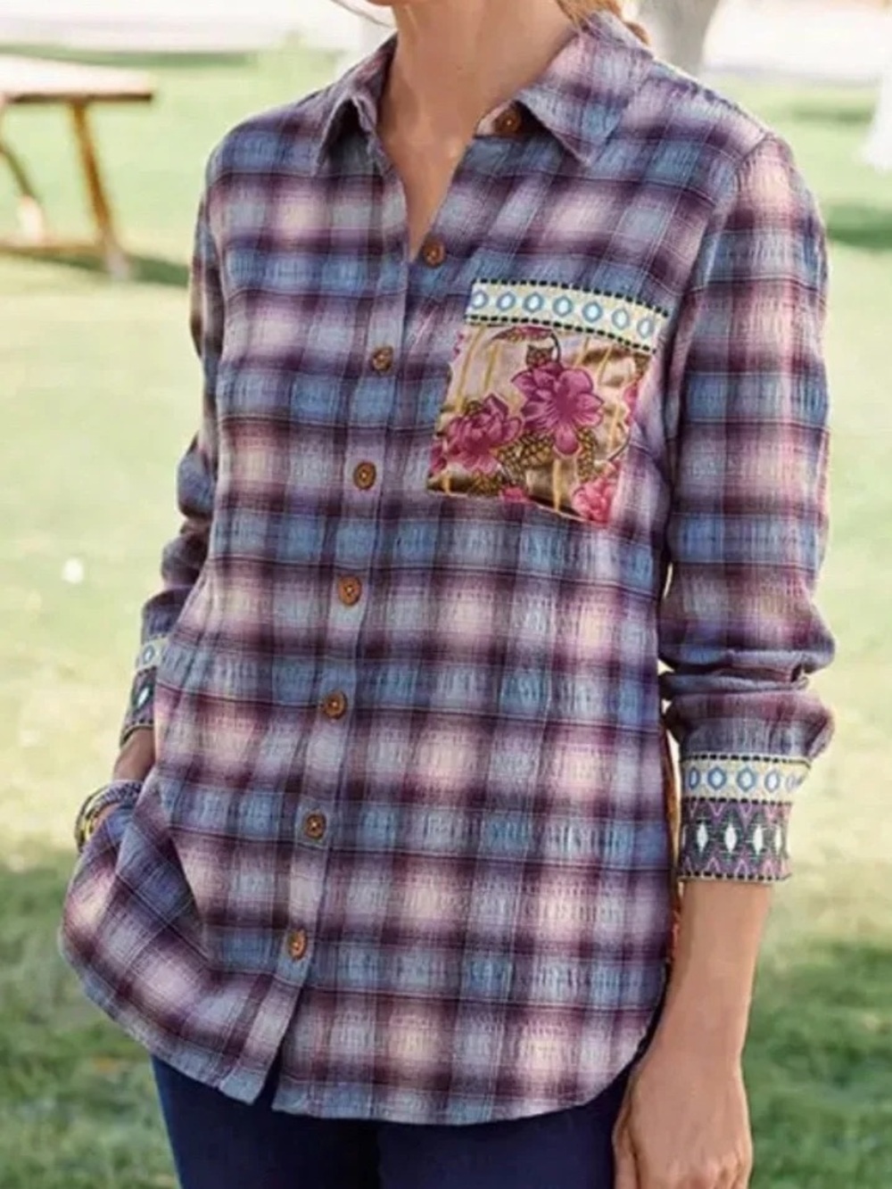Soft Surroundings Rosebay Plaid Velvet Burnout Floral Embroidered Mixed Media